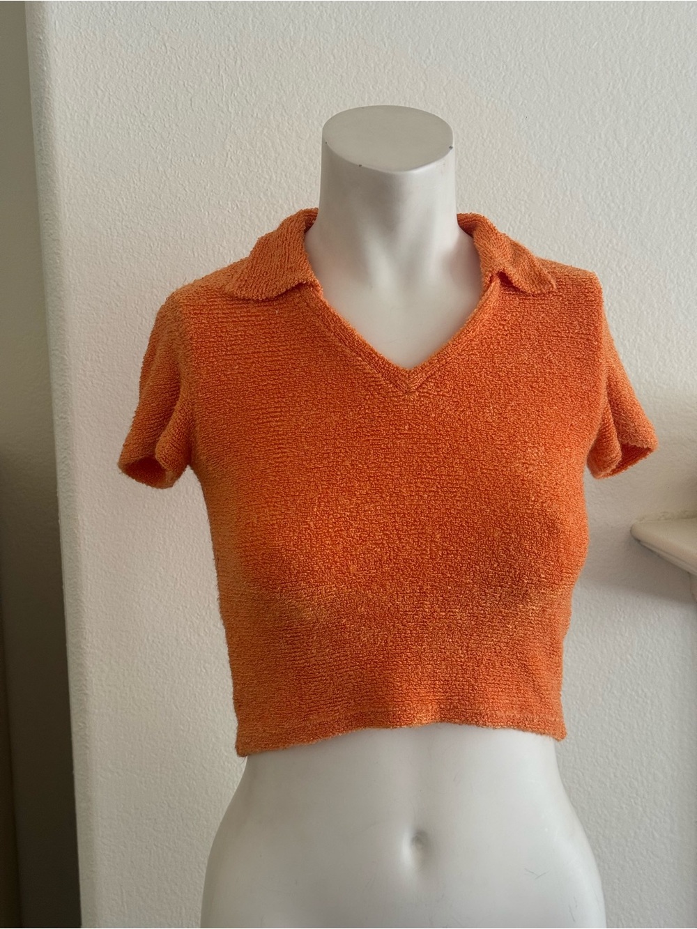 Vintage 70s Cropped V-Neck Terry Polo Top - Orange